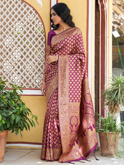 Janasya Wine Banarasi Silk Woven Ethnic Motifs Woven Design Saree