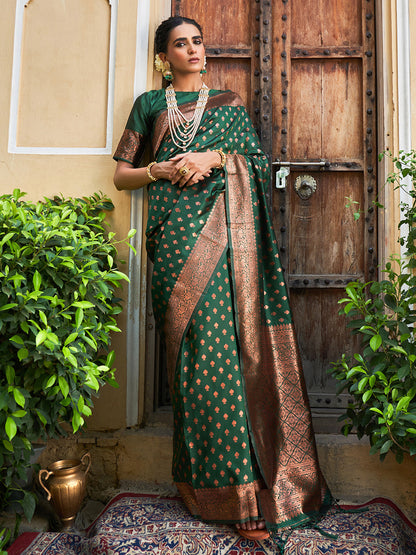 Janasya Green Banarasi Silk Ethnic Motifs Woven Design Saree