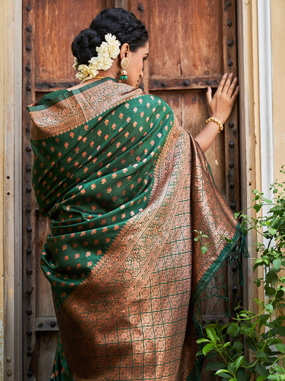 Janasya Green Banarasi Silk Ethnic Motifs Woven Design Saree
