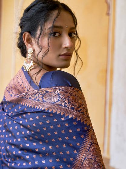 Janasya Navy Blue Banarasi Silk Ethnic Motifs Woven Design Saree
