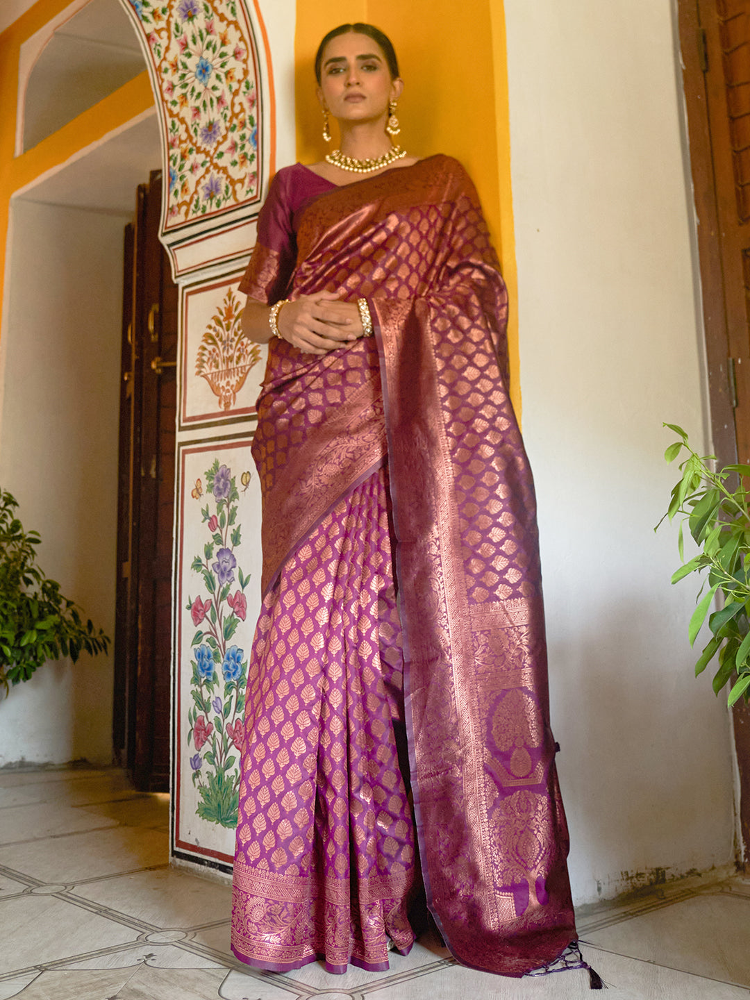 Janasya Wine Banarasi Silk Woven Ethnic Motifs Banarasi Silk Saree