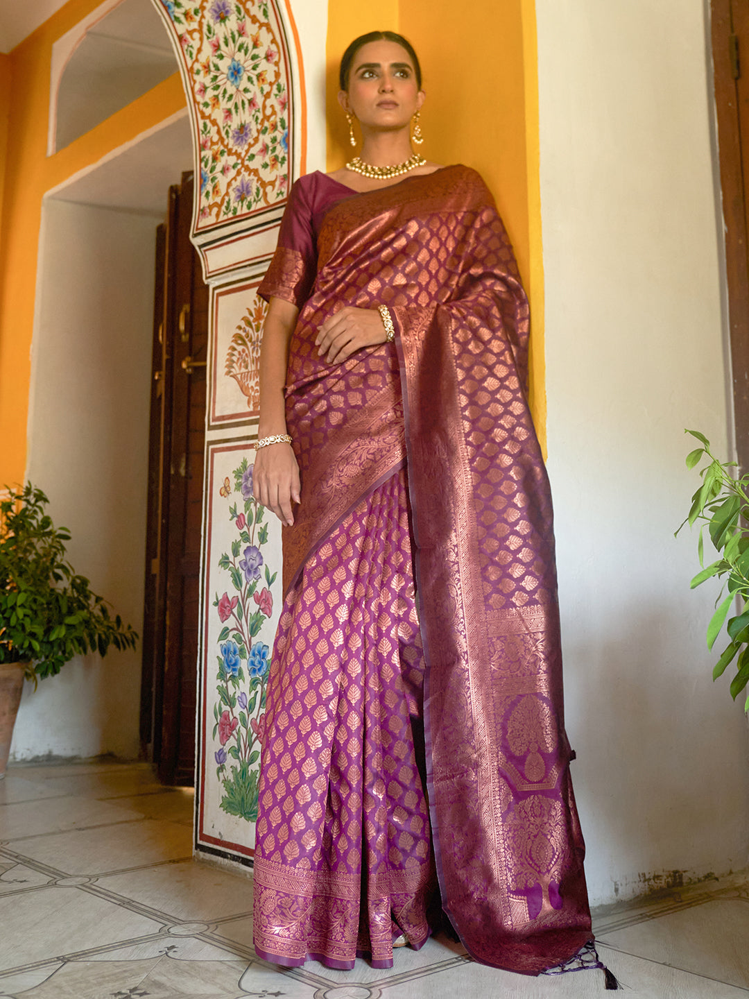 Janasya Wine Banarasi Silk Woven Ethnic Motifs Banarasi Silk Saree