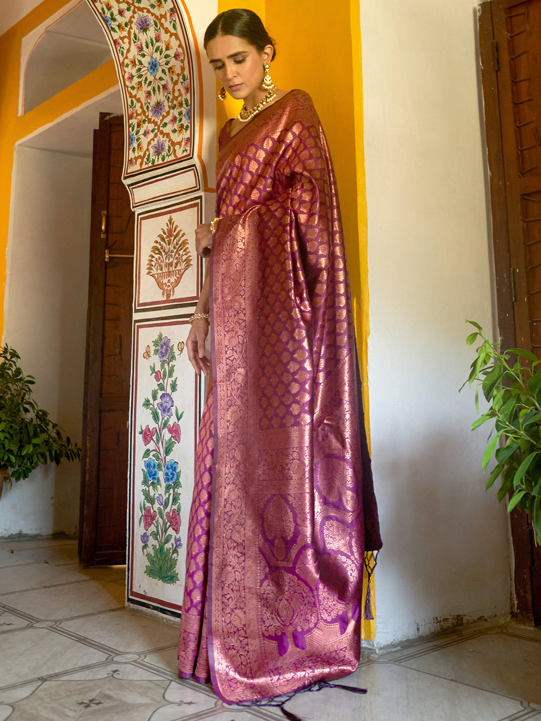 Janasya Wine Banarasi Silk Woven Ethnic Motifs Banarasi Silk Saree