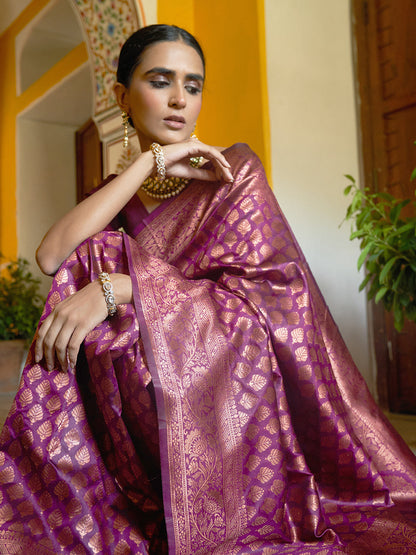 Janasya Wine Banarasi Silk Woven Ethnic Motifs Banarasi Silk Saree