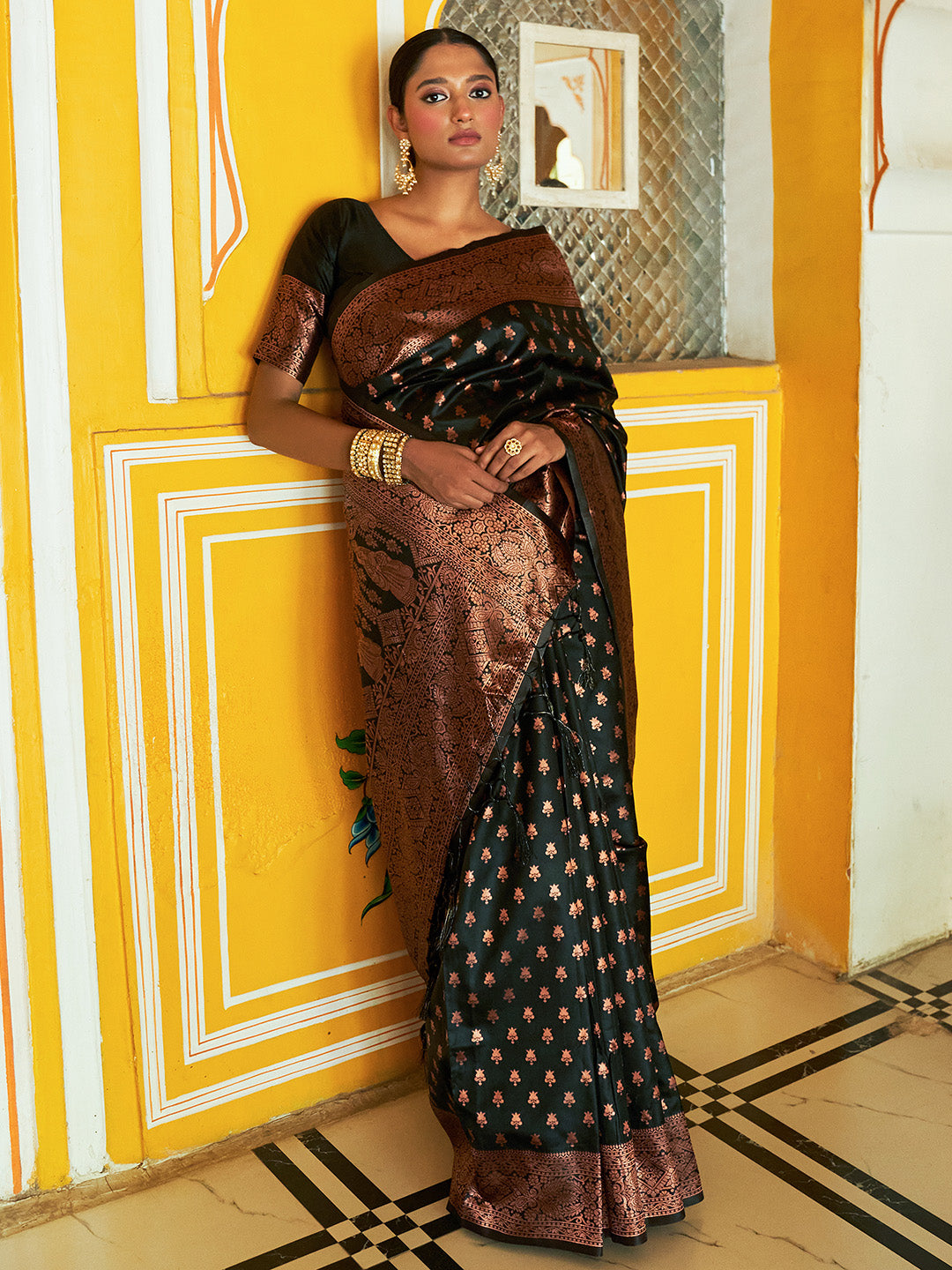 Janasya Black Banarasi Silk Ethnic Motifs Woven Design Saree