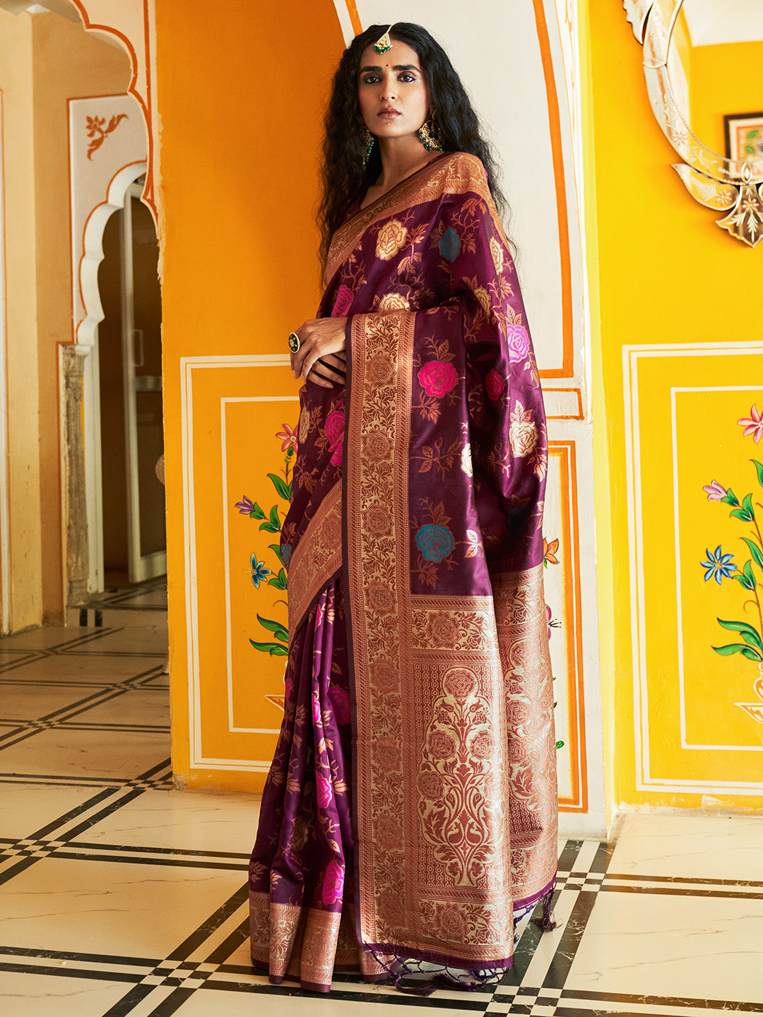 Janasya Wine Banarasi Silk Ethnic Motifs Woven Design Saree