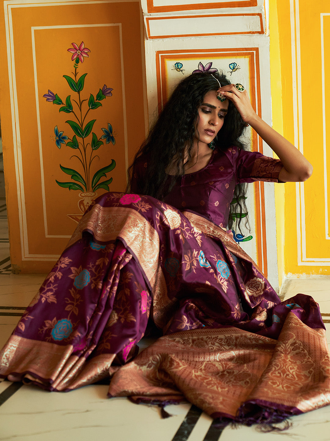 Janasya Wine Banarasi Silk Ethnic Motifs Woven Design Saree
