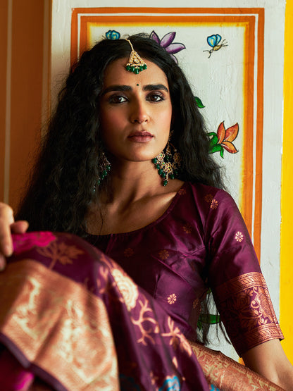 Janasya Wine Banarasi Silk Ethnic Motifs Woven Design Saree