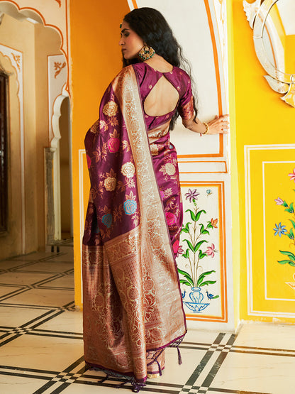 Janasya Wine Banarasi Silk Ethnic Motifs Woven Design Saree