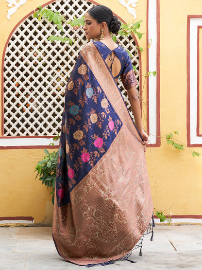Janasya Navy Blue Banarasi Silk Floral Woven Design Saree