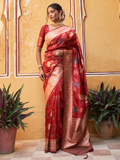 Janasya Red Banarasi Silk Floral Woven Design Saree