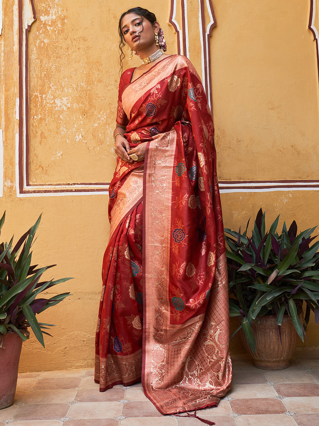 Janasya Red Banarasi Silk Floral Woven Design Saree