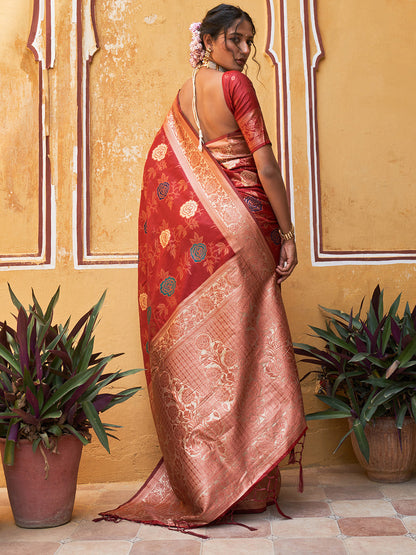 Janasya Red Banarasi Silk Floral Woven Design Saree