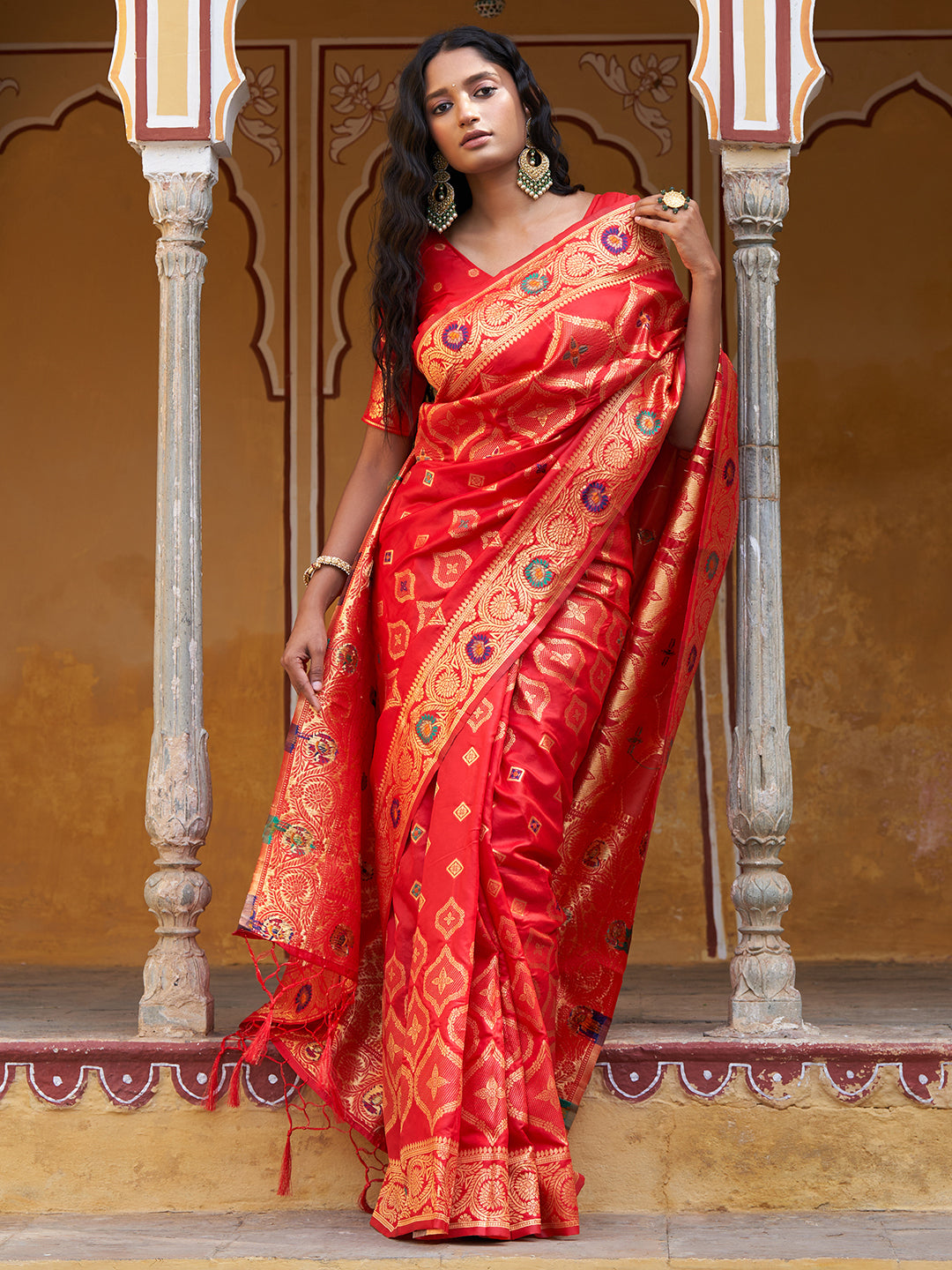 Janasya Red Banarasi Silk Ethnic Motifs Woven Design Saree