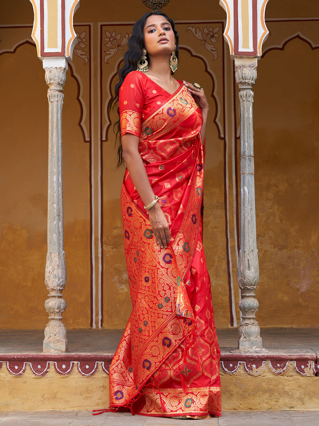 Janasya Red Banarasi Silk Ethnic Motifs Woven Design Saree