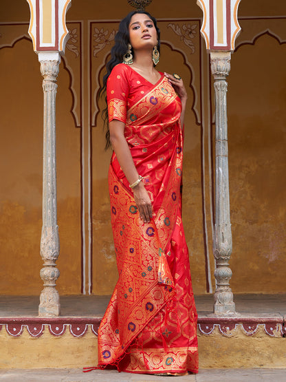 Janasya Red Banarasi Silk Ethnic Motifs Woven Design Saree