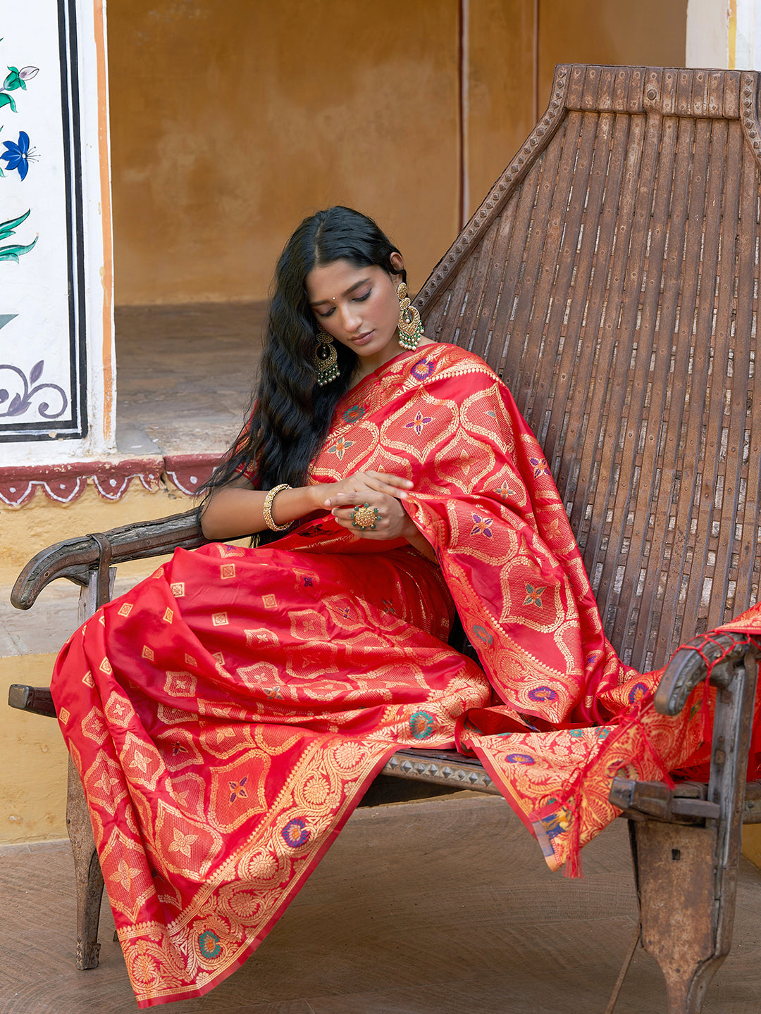Janasya Red Banarasi Silk Ethnic Motifs Woven Design Saree