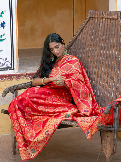 Janasya Red Banarasi Silk Ethnic Motifs Woven Design Saree