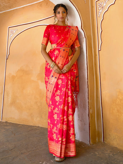 Janasya Pink Banarasi Silk Floral Woven Jaal Saree