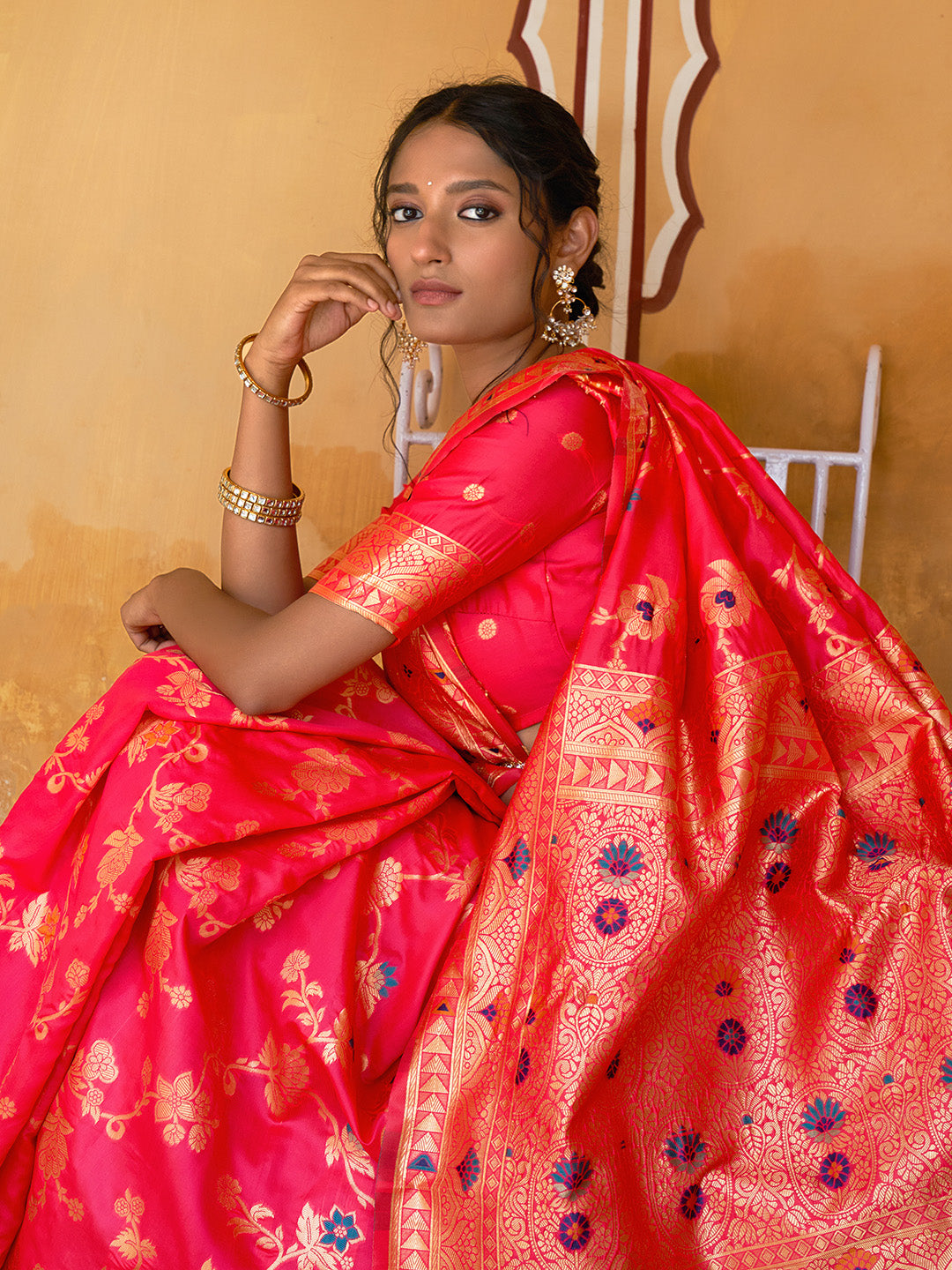 Janasya Pink Banarasi Silk Floral Woven Jaal Saree