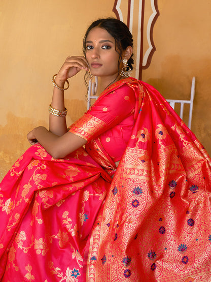 Janasya Pink Banarasi Silk Floral Woven Jaal Saree