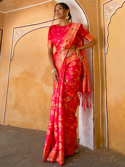 Janasya Pink Banarasi Silk Floral Woven Jaal Saree