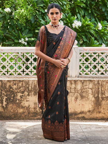 Janasya Black Banarasi Silk Woven Floral Design Banarasi Silk Saree