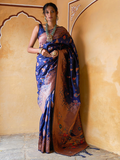 Janasya Navy Blue Banarasi Silk Woven Dual Tone Floral Design Banarasi Silk Saree