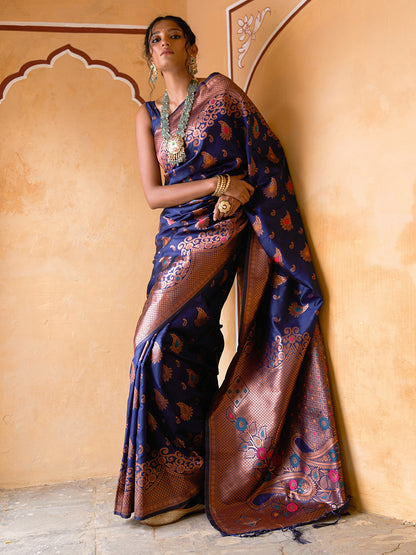 Janasya Navy Blue Banarasi Silk Woven Dual Tone Floral Design Banarasi Silk Saree