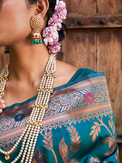 Janasya Teal Green Banarasi Silk Woven Dual Tone Floral Design Banarasi Silk Saree
