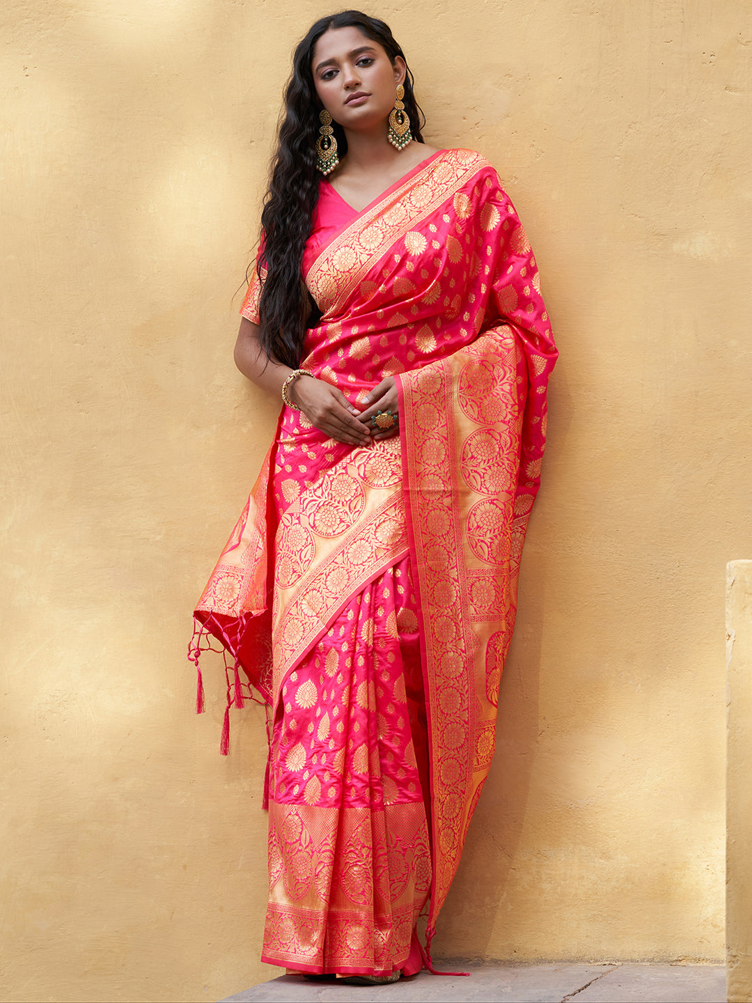 Janasya Pink Banarasi Silk Ethnic Motifs Woven Design Saree