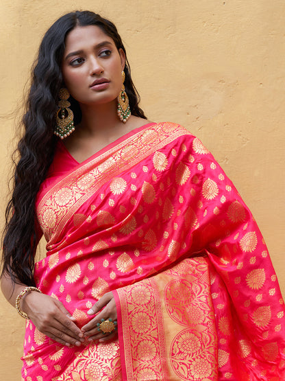 Janasya Pink Banarasi Silk Ethnic Motifs Woven Design Saree