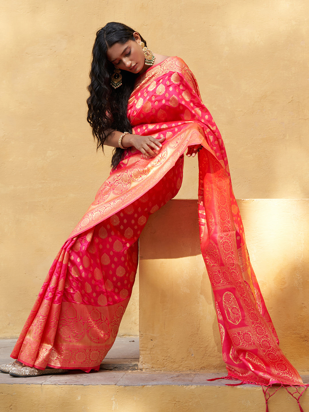 Janasya Pink Banarasi Silk Ethnic Motifs Woven Design Saree