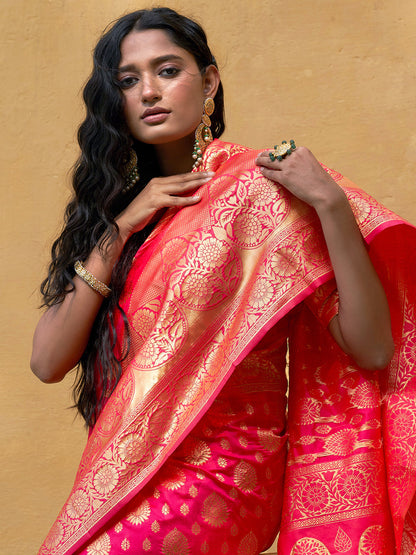 Janasya Pink Banarasi Silk Ethnic Motifs Woven Design Saree