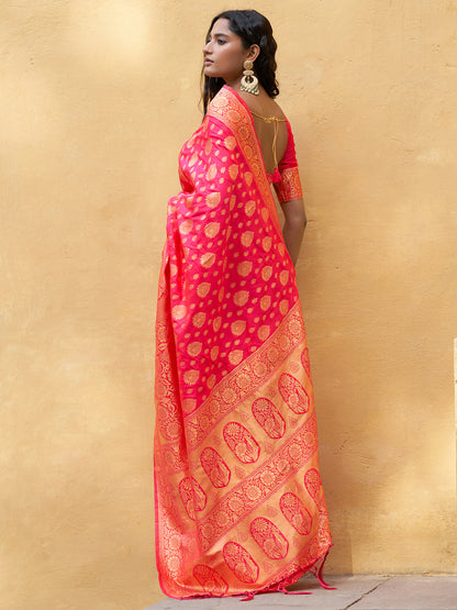 Janasya Pink Banarasi Silk Ethnic Motifs Woven Design Saree