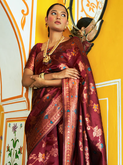 Janasya Maroon Banarasi Silk Woven Dual Tone Floral Design Banarasi Silk Saree