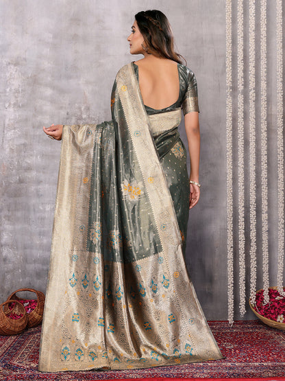 Janasya Olive Silk Blend Ethnic Motifs Banarasi Saree