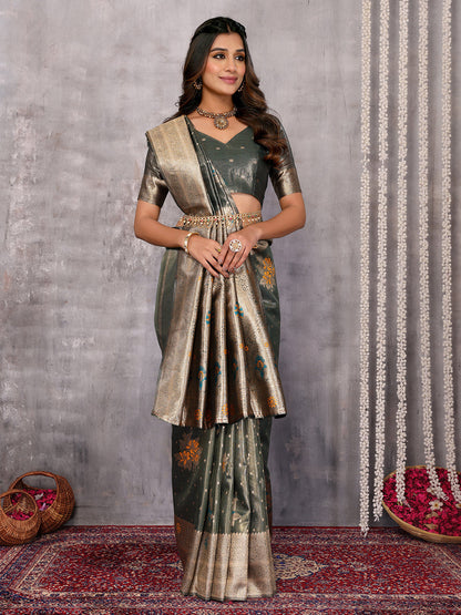 Janasya Olive Silk Blend Ethnic Motifs Banarasi Saree