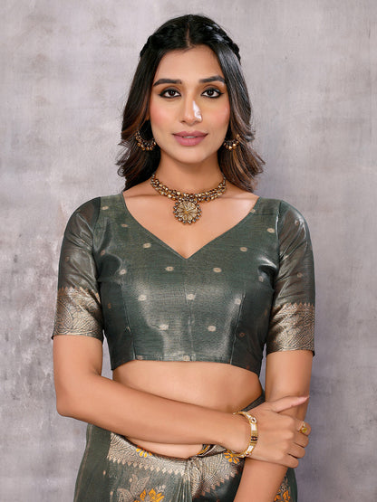 Janasya Olive Silk Blend Ethnic Motifs Banarasi Saree