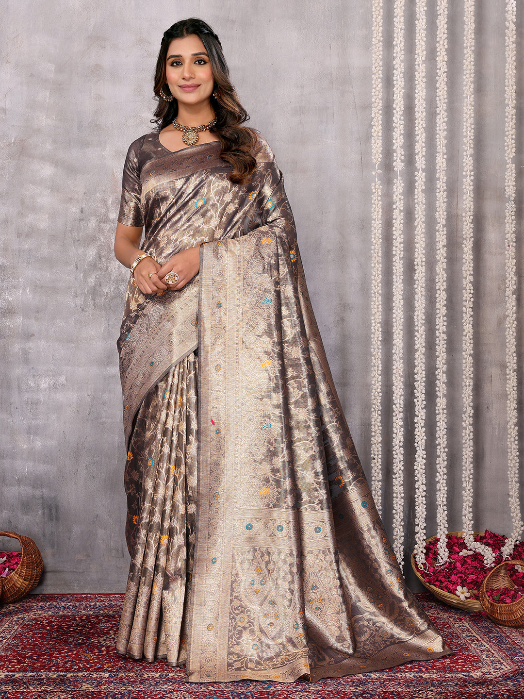Janasya Blue & Gold Silk Blend Floral Banarasi Saree