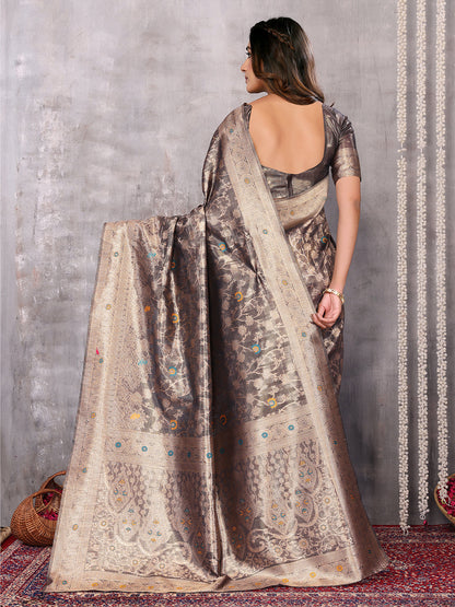 Janasya Blue & Gold Silk Blend Floral Banarasi Saree