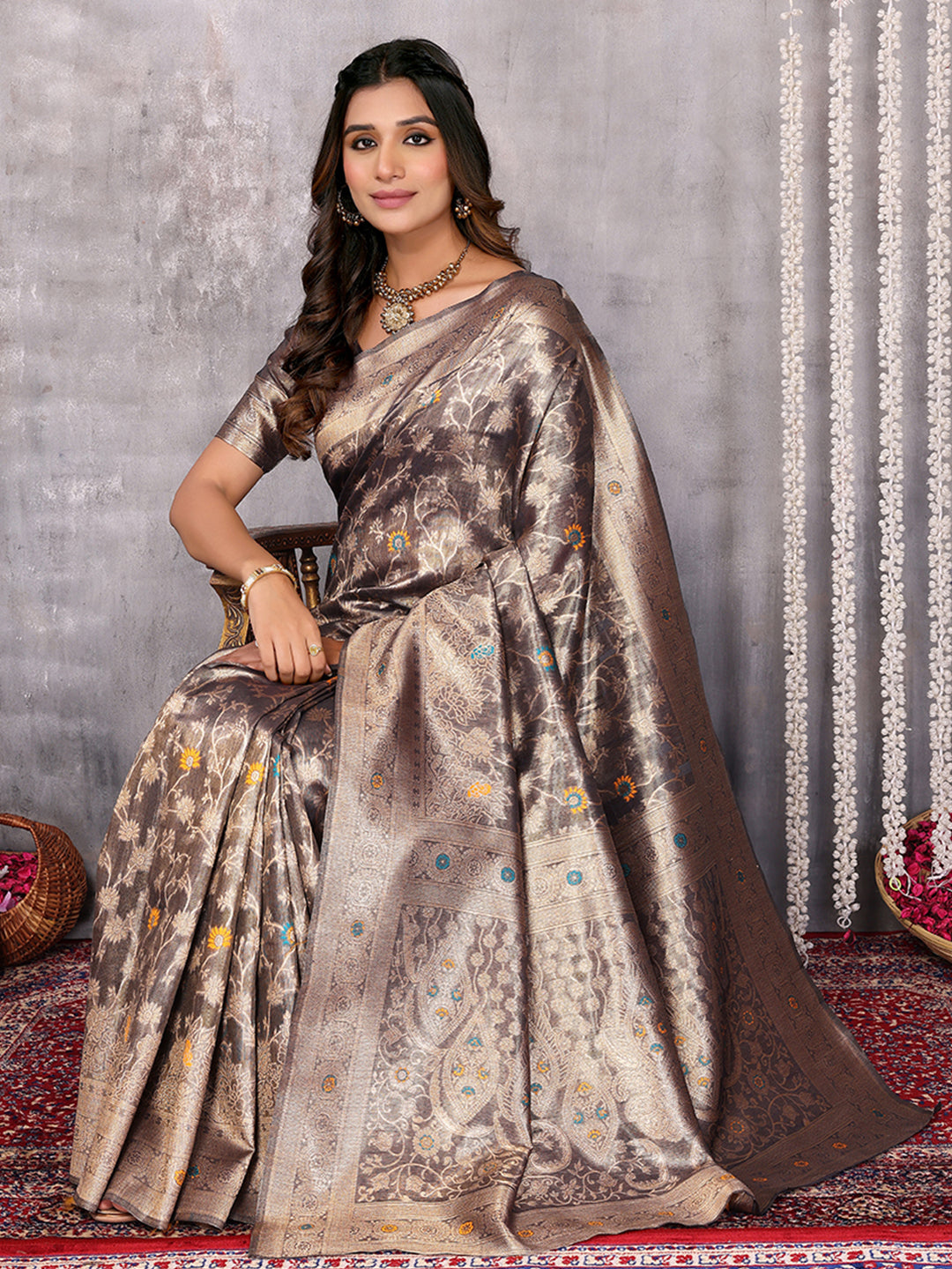 Janasya Blue & Gold Silk Blend Floral Banarasi Saree