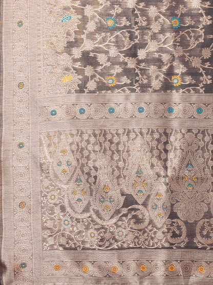 Janasya Blue & Gold Silk Blend Floral Banarasi Saree