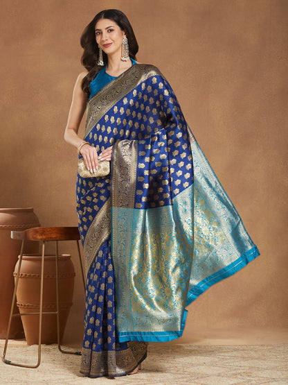 Janasya Blue Silk Blend Ethnic Motifs Banarasi Jacquard Saree