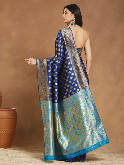 Janasya Blue Silk Blend Ethnic Motifs Banarasi Jacquard Saree