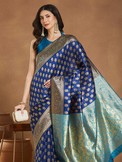 Janasya Blue Silk Blend Ethnic Motifs Banarasi Jacquard Saree
