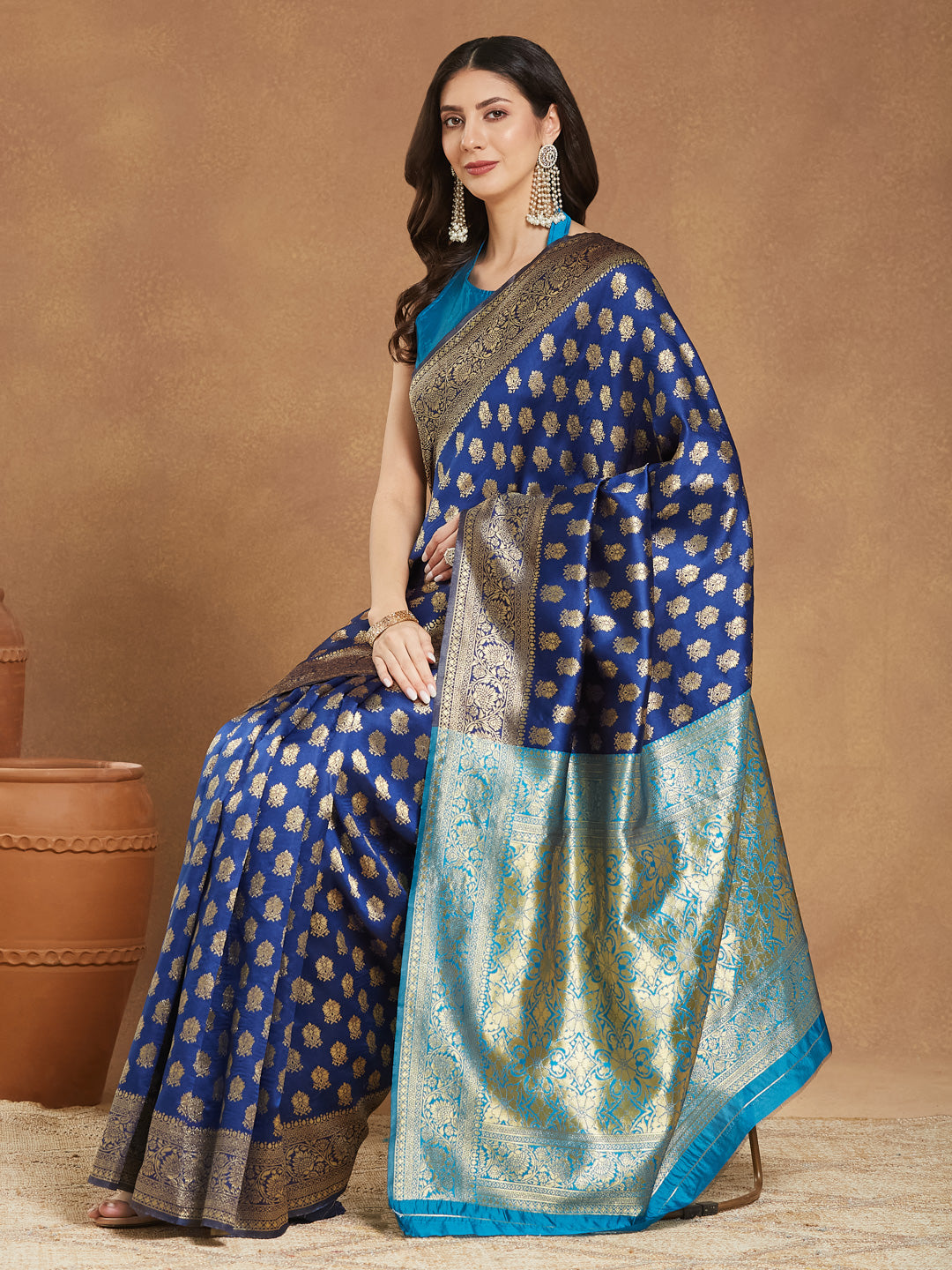 Janasya Blue Silk Blend Ethnic Motifs Banarasi Jacquard Saree