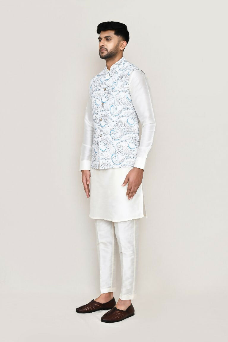 Joban Fashion White Colored Art Silk Fabric Kurta, Jacket With Straight Fit Pant