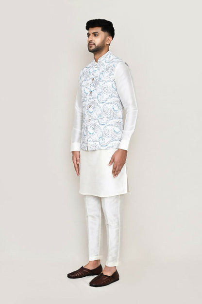 Joban Fashion White Colored Art Silk Fabric Kurta, Jacket With Straight Fit Pant