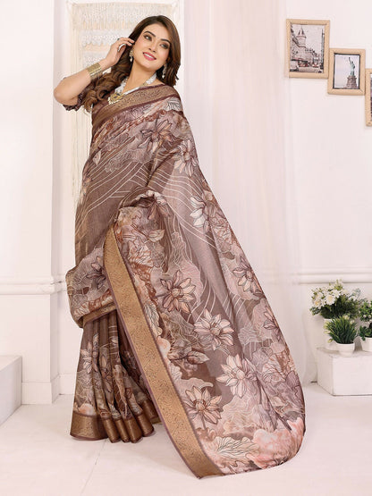 Joban Fashion Brown Floral Print pattern Banarasi Silk Sarees